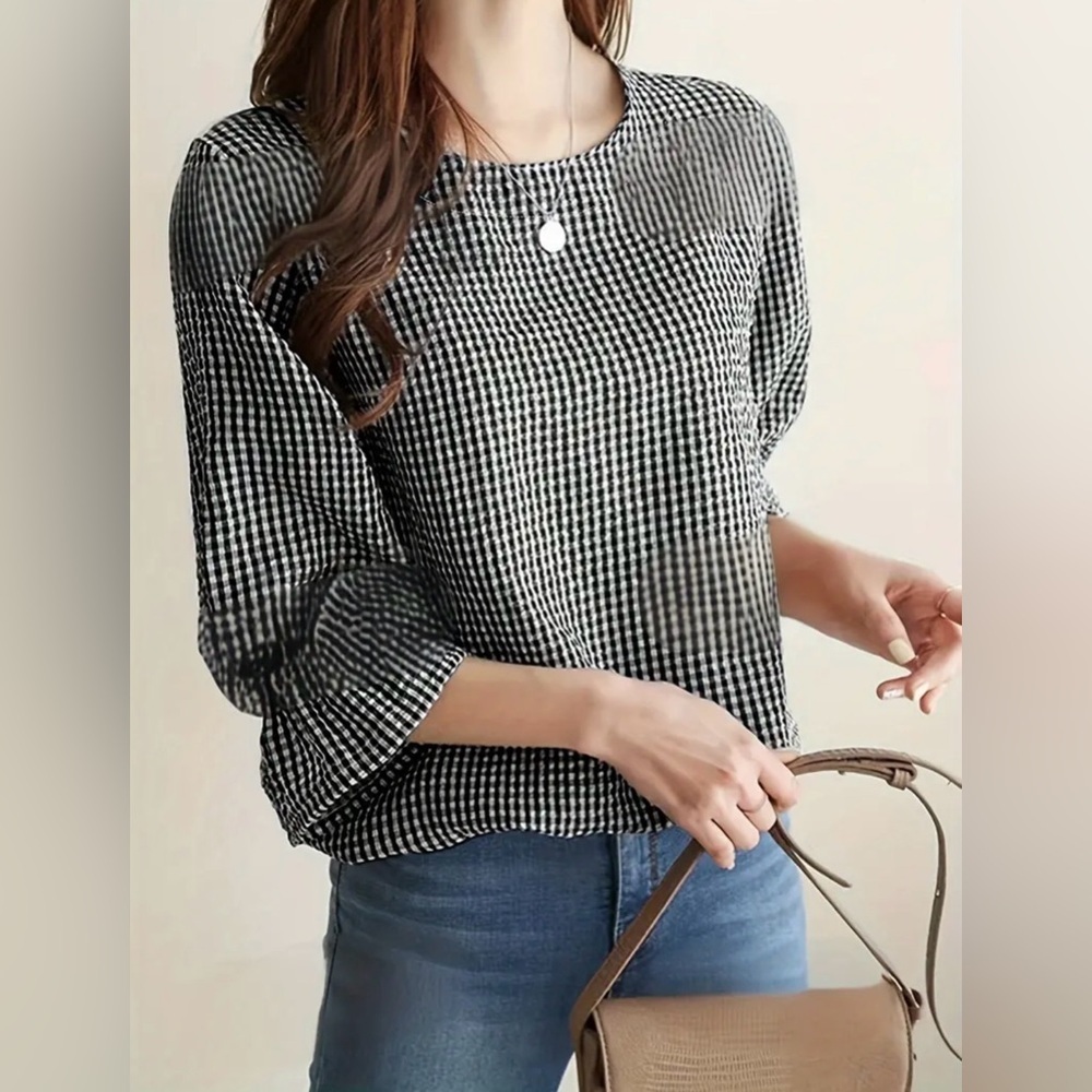 Gingham Check Blouse Black and White